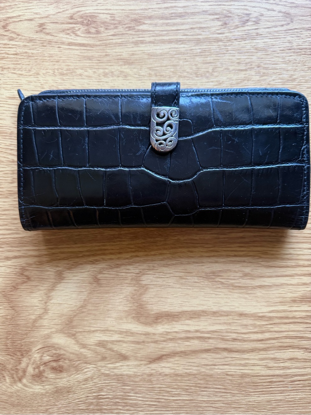 Brighton Black Croc-Embossed Leather Wallet with Silver Accent